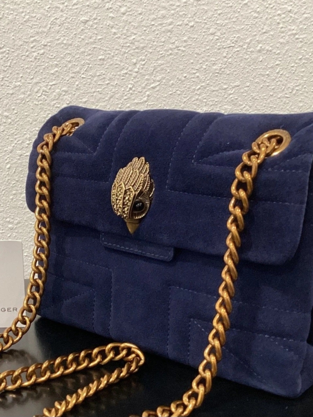 Kurt Geiger Navy Quilted Suede Shoulder Bag with Gold Chain and Clasp